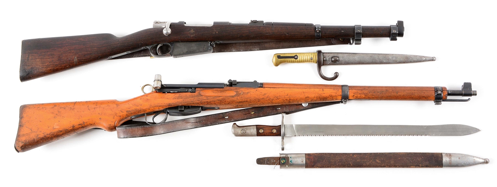 (C) LOT OF 2 FOREIGN MILITARY RIFLES: ARGENTINE MODEL 1891 ENGINEERS CARBINE & SWISS K31 STRAIGHT PULL WITH BAYONETS.