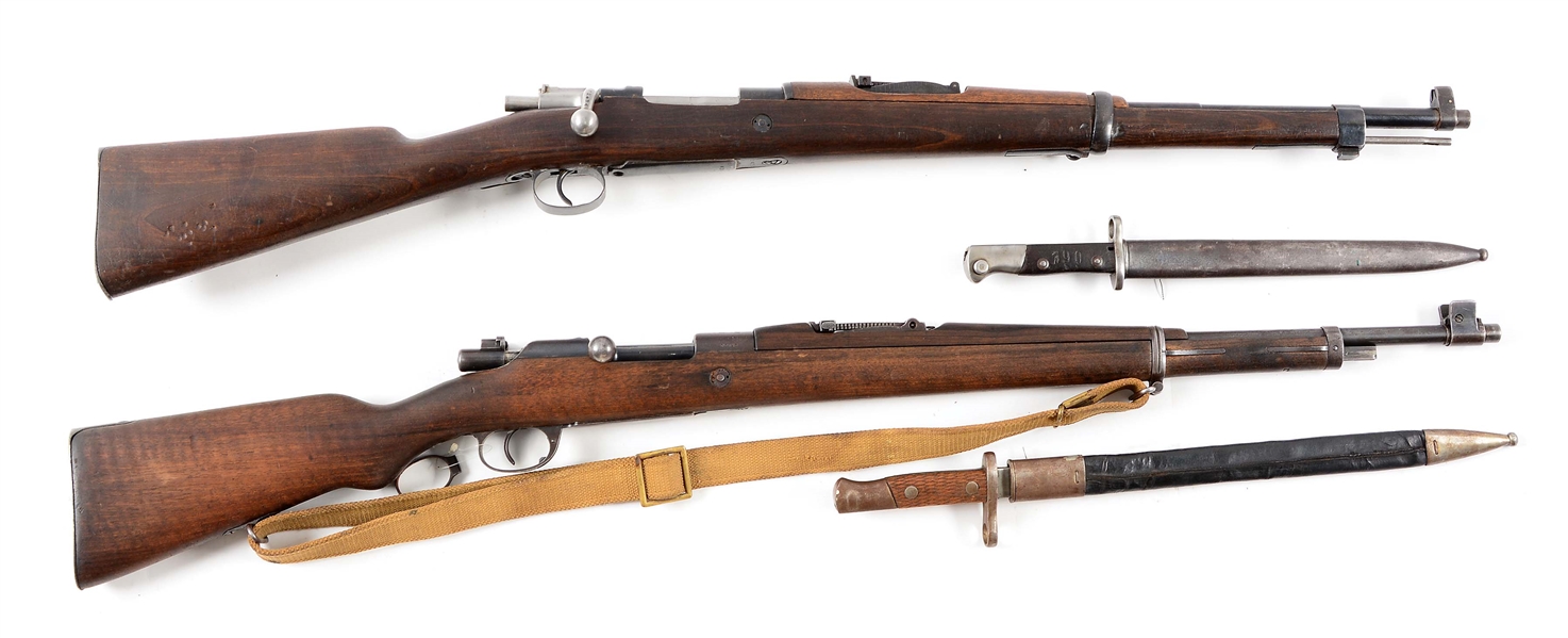 (C) LOT OF 2 FOREIGN MILITARY MAUSER RIFLES WITH BAYONETS: DWM PORTUGUESE 1904 & SPANISH 1916 SHORT RIFLE .