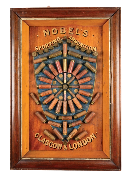 TURN OF THE CENTURY NOBELS SPORTING AMMUNITION SHOT SHELL DISPLAY BOARD.