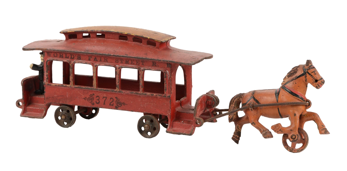 CAST IRON AMERICAN MADE HORSE DRAWN WORLDS FAIR STREET TROLLEY MADE BY HARRIS. 