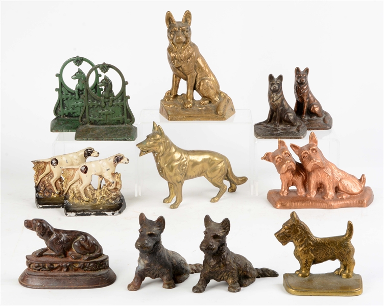 LOT OF 9: CAST IRON DOG DOORSTOPS & BOOKENDS.