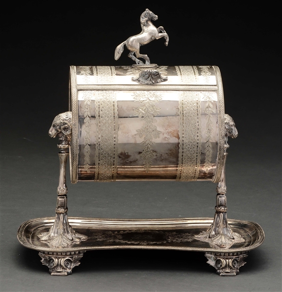 ENGLISH SILVER PLATED BISCUIT BARREL. 