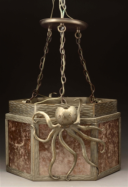 RARE OCTOPUS DECORATED HANGING LAMP WITH MICA PANELS.
