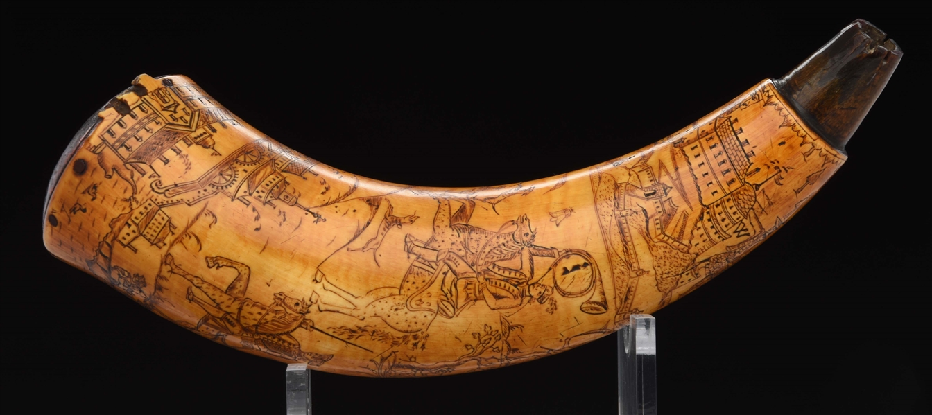 POWDER HORN ATTRIBUTED TO THE MASTER CARVER ENGRAVED WITH DETAILED MILITARY SCENES.
