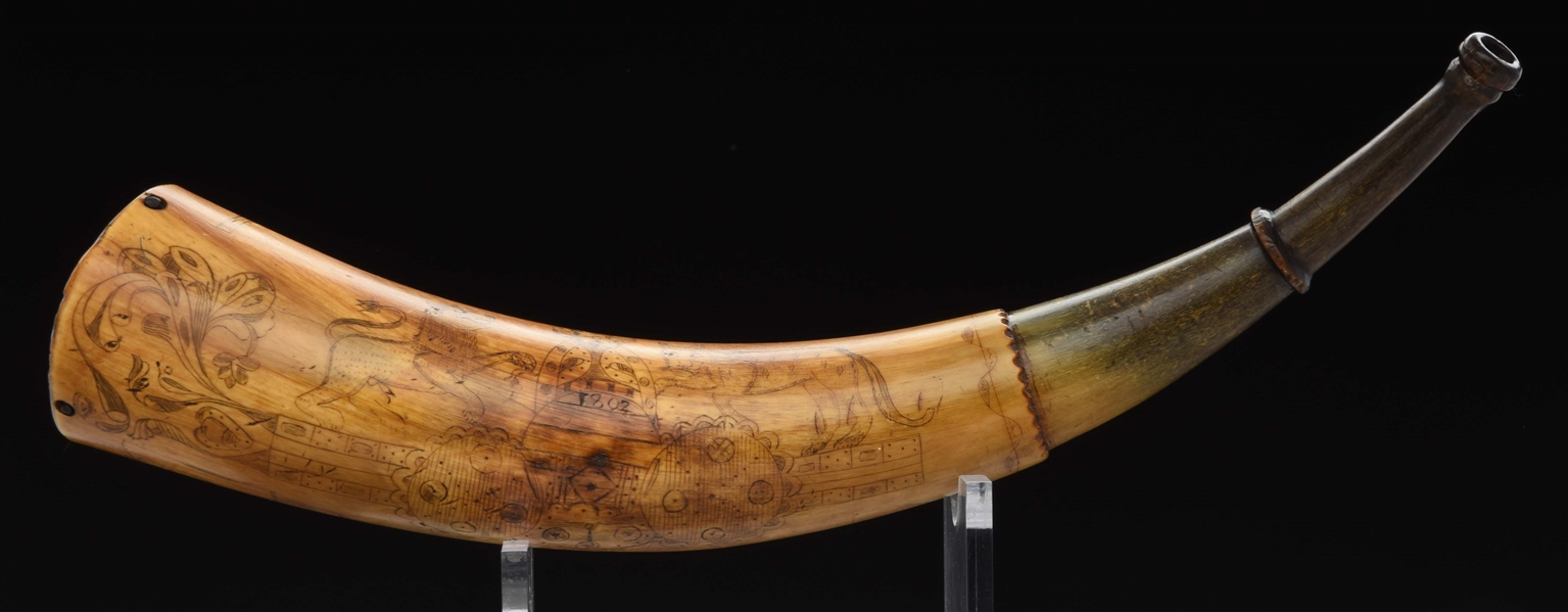  JACOB GAY ATTRIBUTED POWDER HORN ENGRAVED WITH ANIMALS AND BRITISH CREST, DATED 1802.