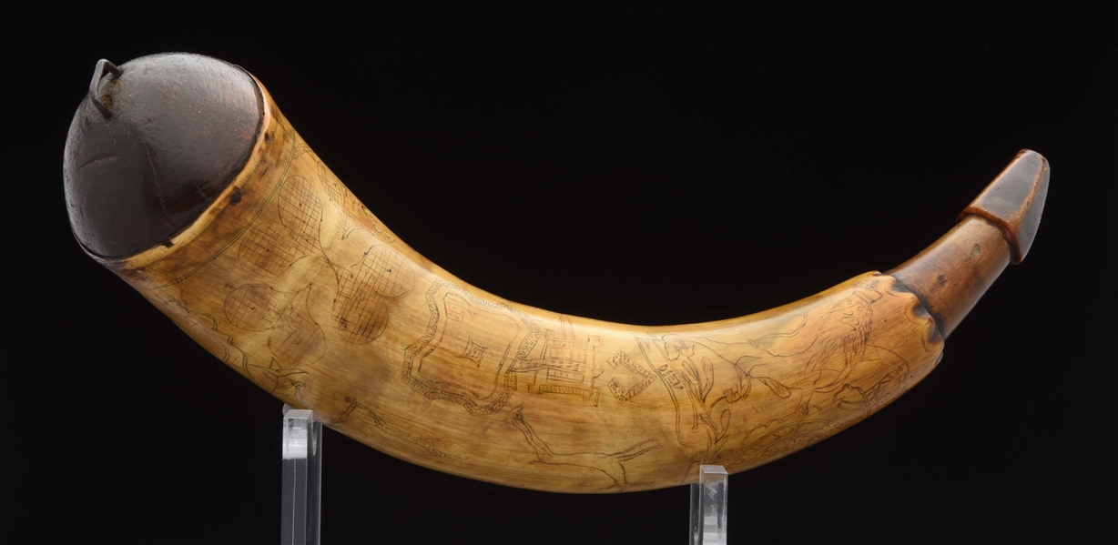 JACOB SLAGLE POWDER HORN WITH BRITISH CREST, DATED 1768.