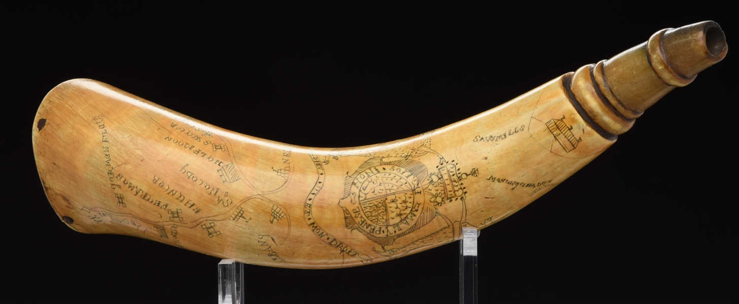 LARGE ENGRAVED MAP POWDER HORN FEATURING FORBES ROAD AND OTHER PROMINENT FRENCH AND INDIAN WAR ROUTES IN NEW YORK.