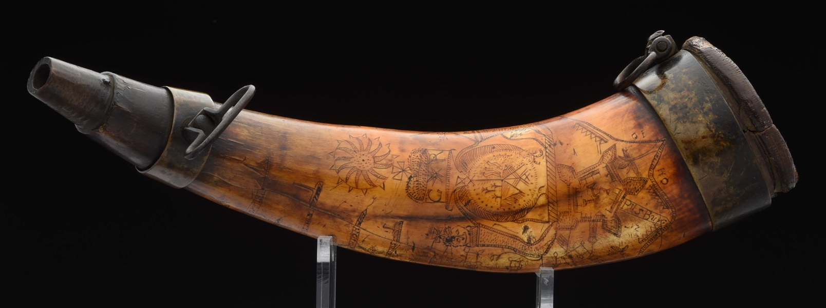LARGE BRASS BANDED FORBES ROAD ENGRAVED MAP POWDER HORN INSCRIBED "GOD BLES THE MASTER", EX. DUMONT COLLECTION.