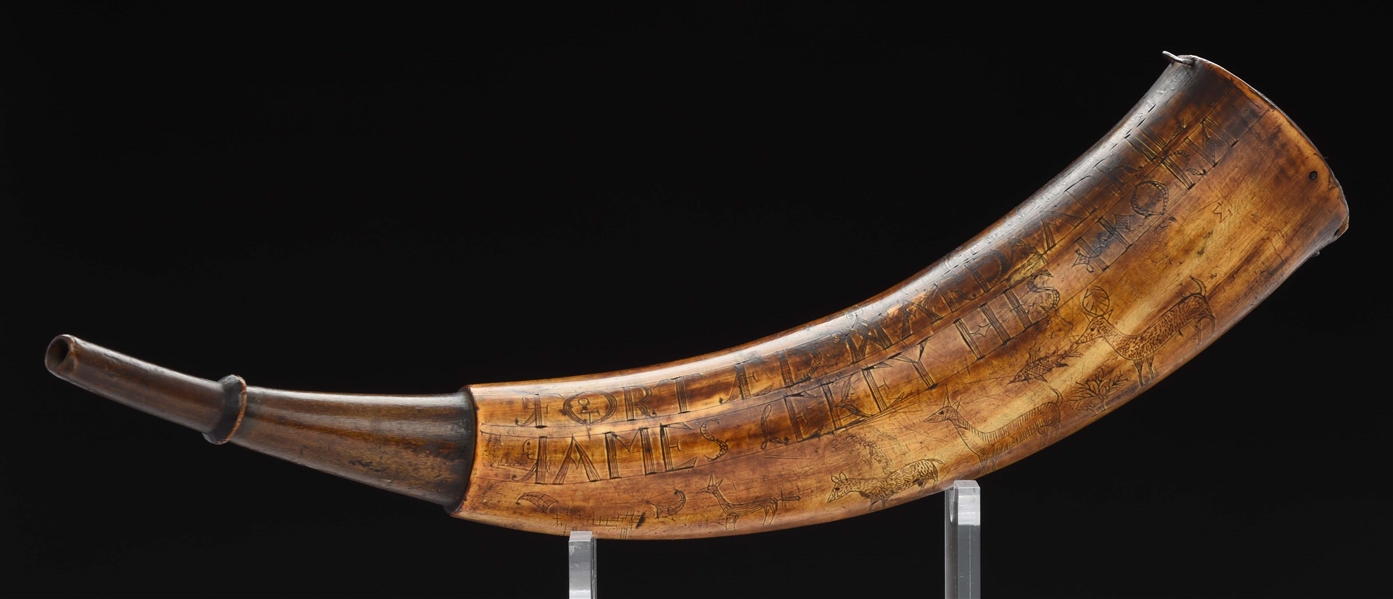 ENGRAVED FORT EDWARD MAP POWDER HORN OF JAMES LEKEY, DATED 1757 AND SIGNED BY CARVER WILLIAM AKINS OF ROGERS RANGERS.