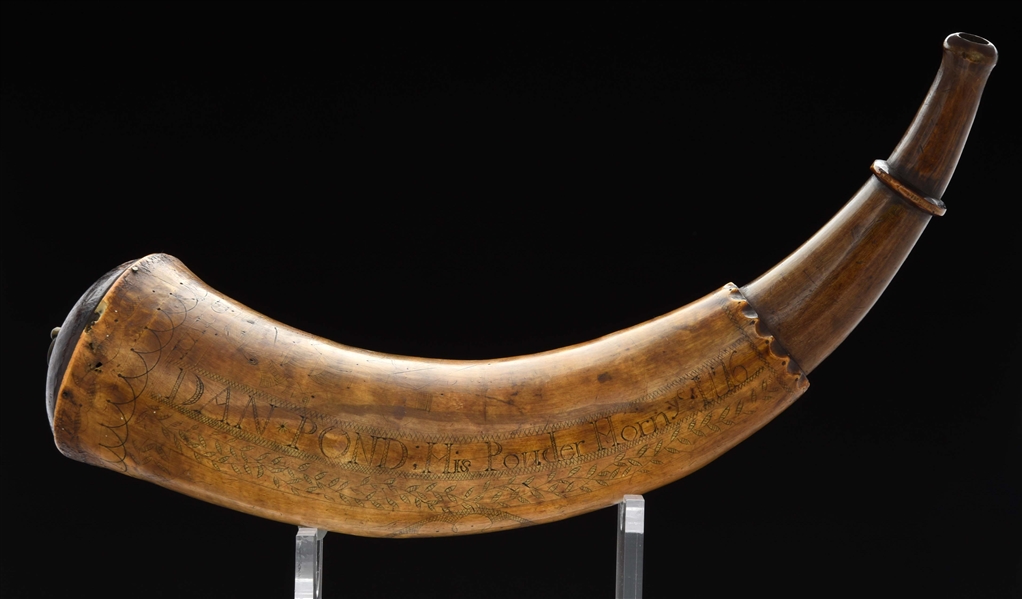 1776 DATED REVOLUTIONARY WAR ENGRAVED POWDER HORN OF DAN POND, FEATURING THE ROSE SHIP OF WAR.