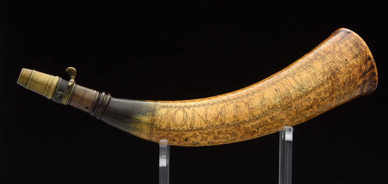 ENGRAVED POWDER HORN OF JONATHAN PARKER, DATED 1747, ATTRIBUTED TO STEPHEN PARKS.