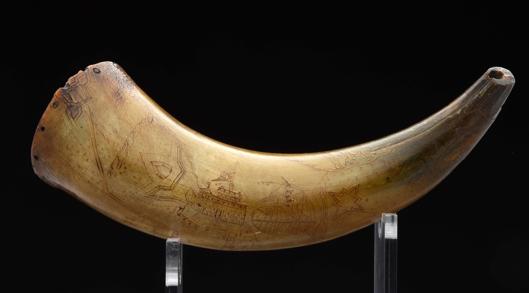 ENGRAVED MAP POWDER HORN WITH FORT, BUTT DATED 1756.