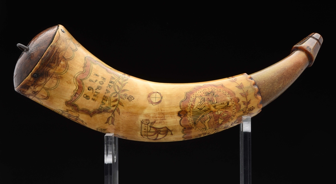 ENGRAVED POWDER HORN OF ABRAHAM FORNI, DATED 1768 AND ATTRIBUTED TO THE POINTED TREE CARVER.