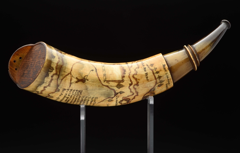 LARGE ENGRAVED NEW YORK MAP POWDER HORN ATTRIBUTED TO THE POINTED TREE CARVER HORN, LIST OF DISTANCES FROM FT. GEORGE TO OTHER FORTS.