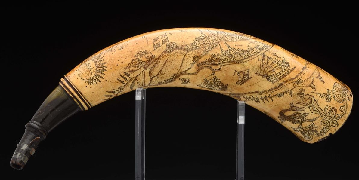 LARGE QUEBEC FRENCH & INDIAN WAR PERIOD MAP POWDER HORN ATTRIBUTED TO THE MASTER CARVER, EX. DUMONT COLLECTION.