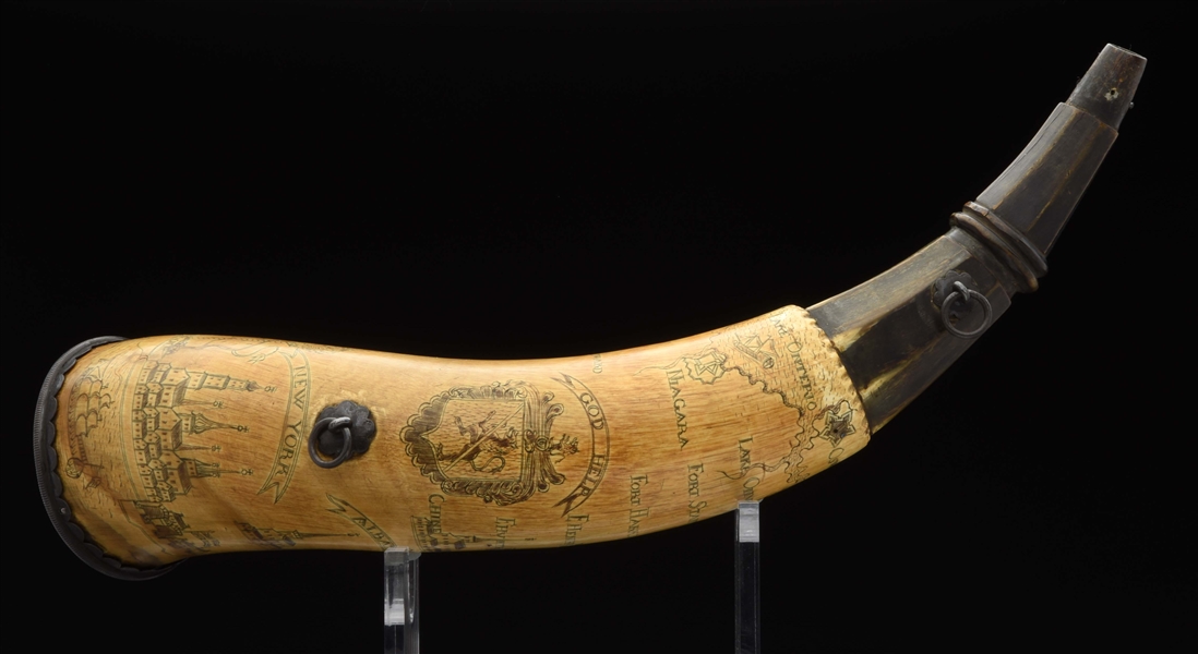 ENGRAVED NEW YORK MAP POWDER HORN WITH SCOTTISH SILVER MOUNTS.