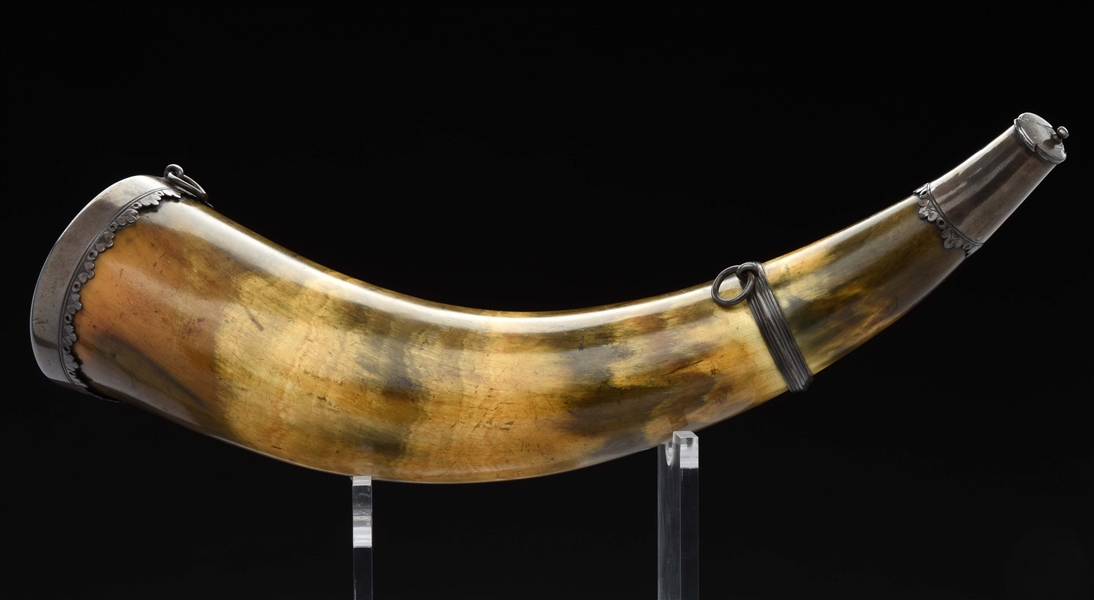POWDER HORN WITH SCOTTISH STYLE SILVER MOUNTS.