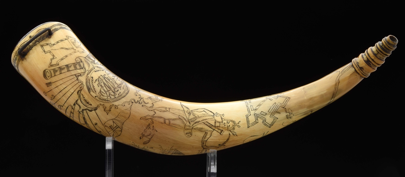 ENGRAVED "HWP" POWDER HORN FEATURING INDIANS AND FORT PITT ATTRIBUTED TO JOHN SMALL.
