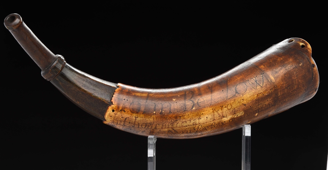 ENGRAVED POWDER HORN OF JOHN BELLOWS, DATED 1757 ATTRIBUTED TO SAMUEL LOUNSBURY.