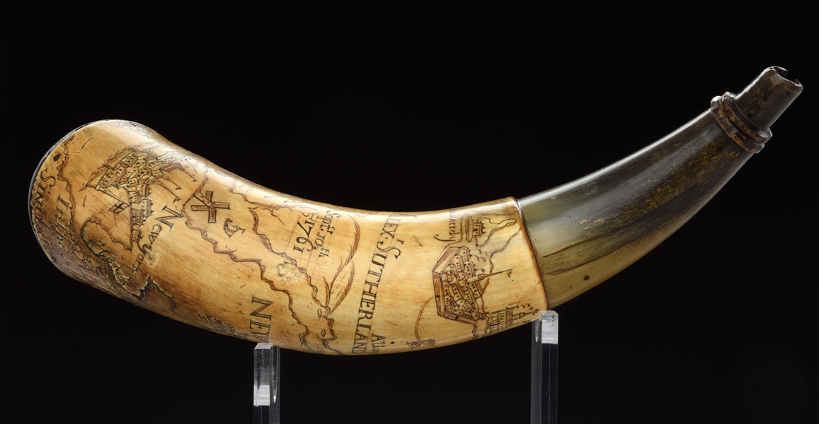 ENGRAVED MAP POWDER HORN OF ALEXANDER SUTHERLAND, CAPT. IN THE J.H.B. ATTRIBUTED TO THE MASTER CARVER.
