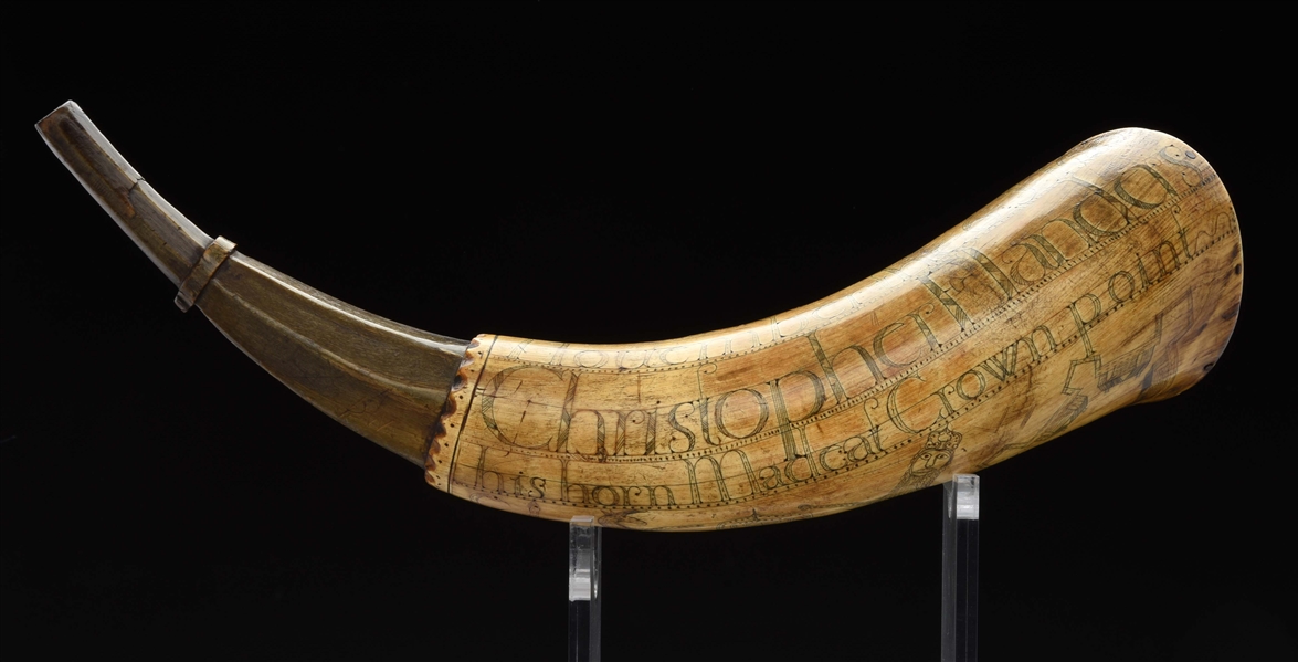 POWDER HORN OF CHRISTOPHER FLANDERS MADE AT CROWN POINT, DATED 1760.