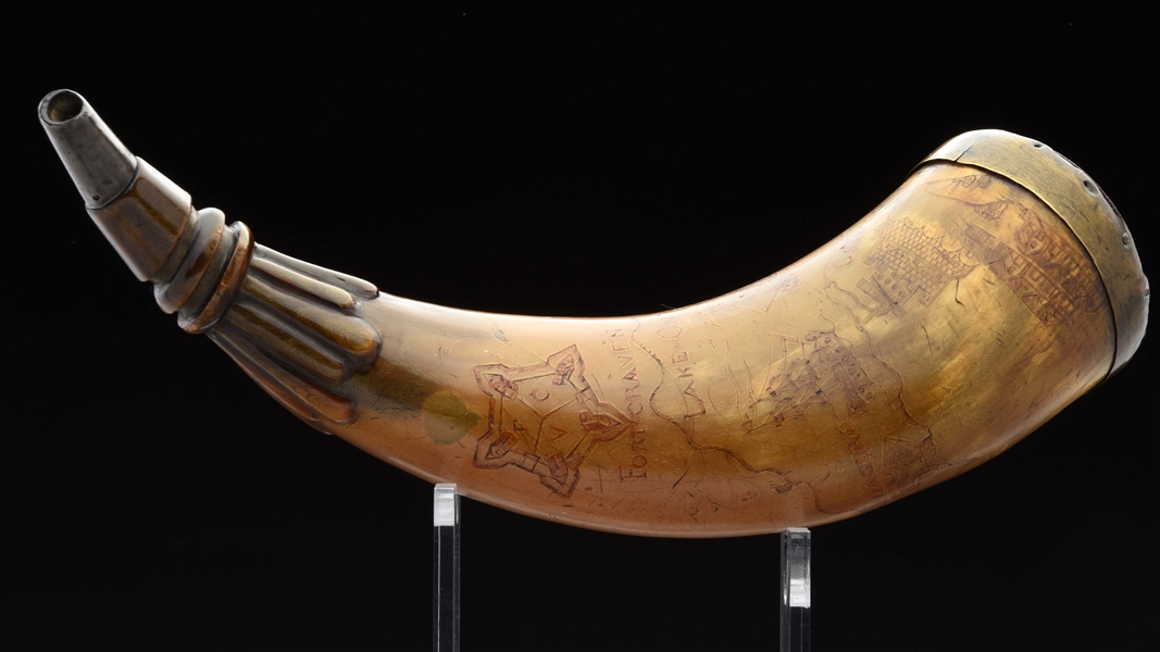 ENGRAVED FRENCH AND INDIAN WAR MAP POWDER HORN OF FORT CRAVEN AND LAKE ONTARIO.