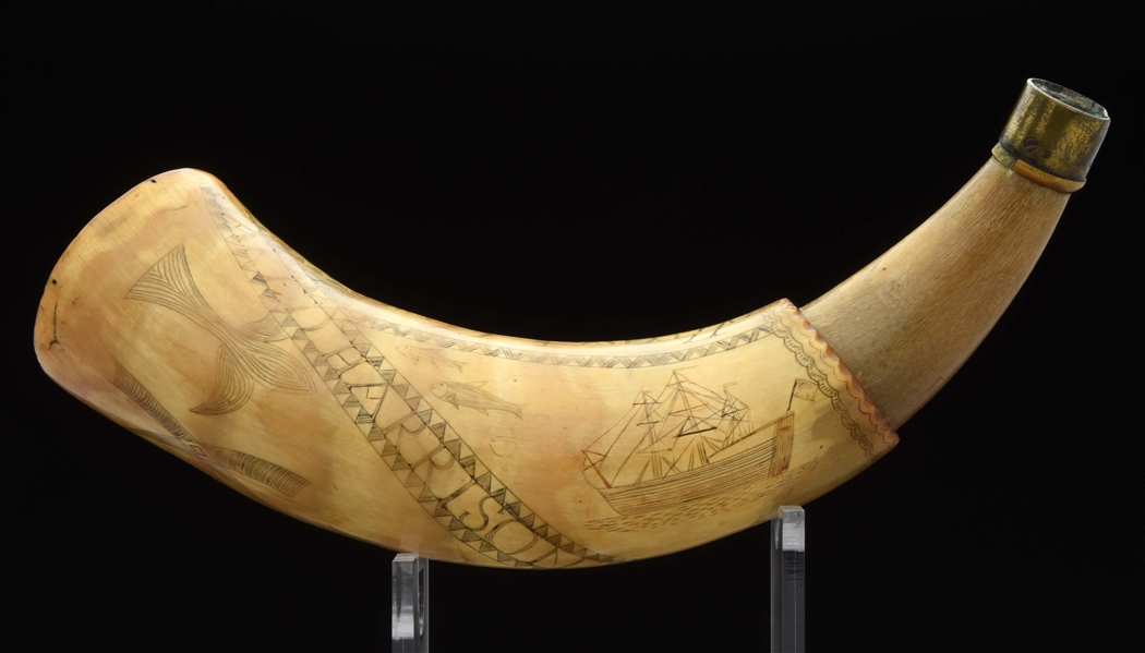 POWDER HORN OF JARED HARRISON, "THE GLORIOUS ERA OF INDEPENDENCE, JULY 4TH, 1776".