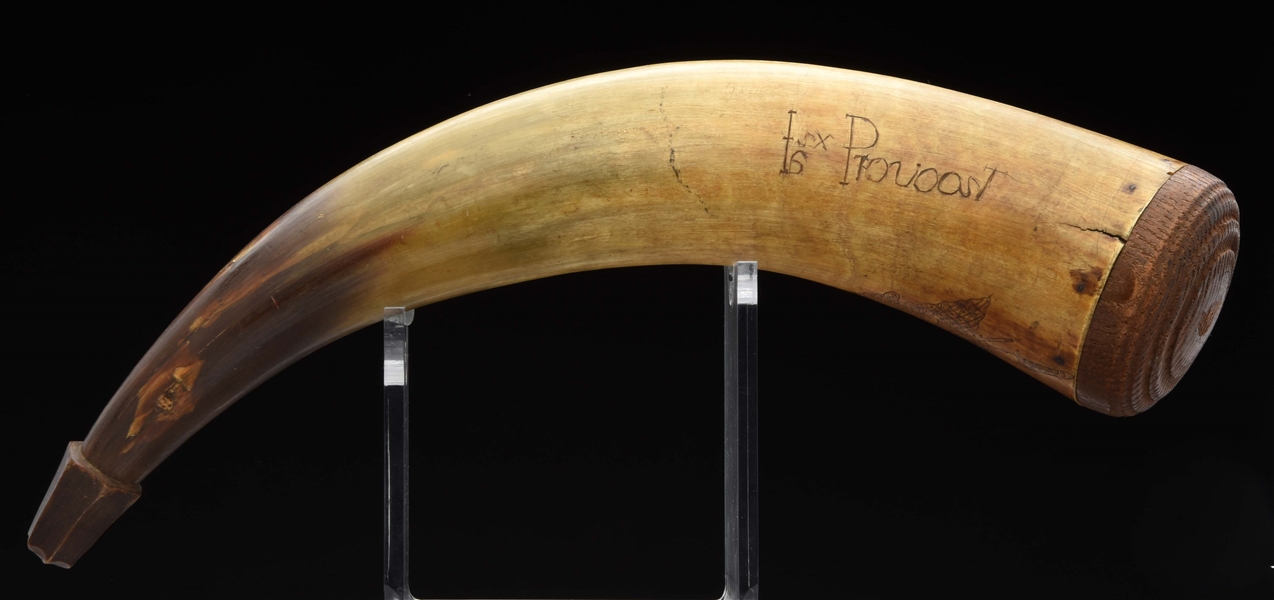 POWDER HORN OF I.S. PROVOOST ENGRAVED WITH HIGHLANDER AND ATTRIBUTED TO THE MASTER CARVER.