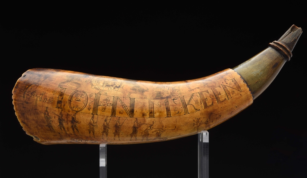 SIGNED JACOB GAY POWDER HORN OF JOHN MCKEEN, DATED 1759, EX. GUTHMAN, DUPONT COLLECTIONS.