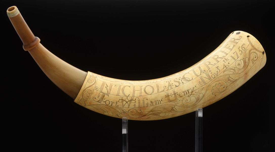 DOCUMENTED JOHN BUSH ENGRAVED POWDER HORN OF NICHOLAS CURRIER, DATED 1756 WITH PERIOD DOCUMENT GROUP.