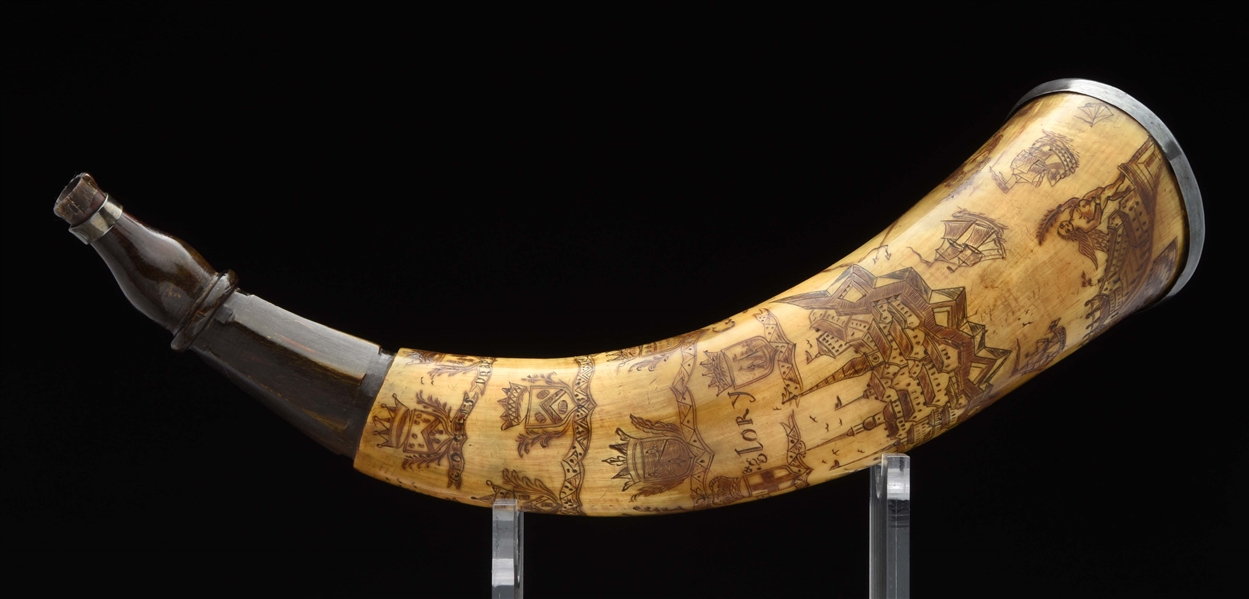 "GREAT BRITAINS WEALTH AND GLORY" ENGRAVED POWDER HORN OF JOHN WALKEN ATTRIBUTED TO THE MASTER CARVER.