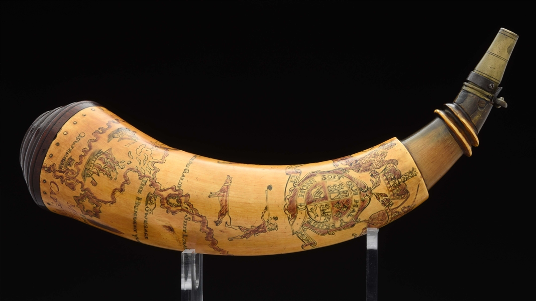 POINTED TREE CARVER ATTRIBUTED ONTARIO MAP POWDER HORN "JAMES ROULSTONS PRESENT TO CAPT. WILLIAM WILTSE.