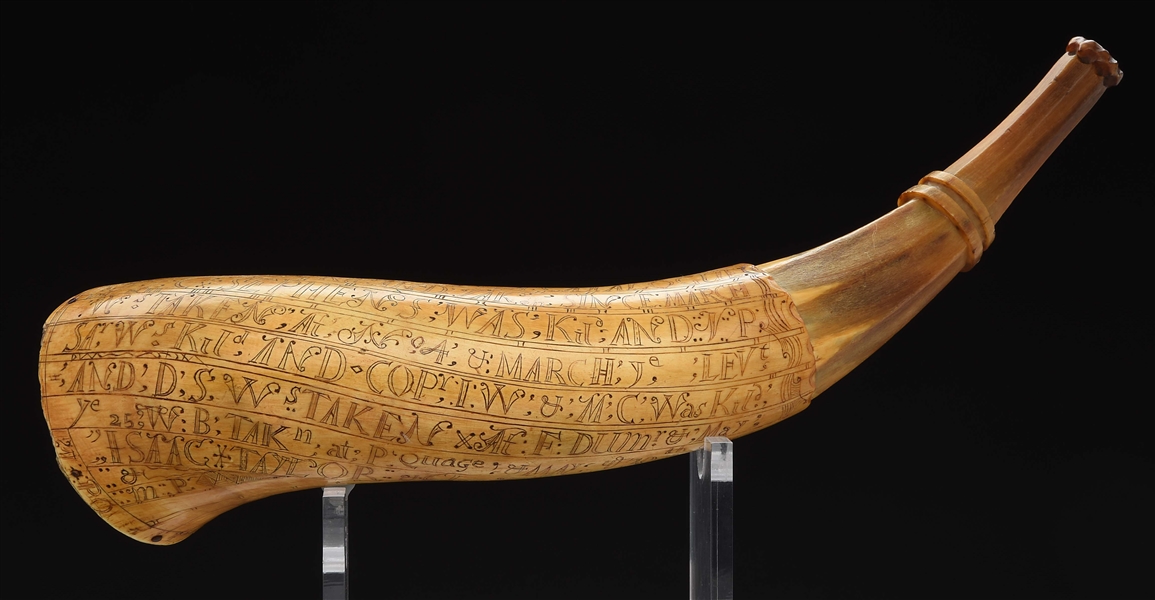 ENGRAVED "FORT NO. 4" POWDER HORN OF JOHN ADAMS, DATED JULY 1748 AND LISTING MEN KILLED SINCE MARCH.