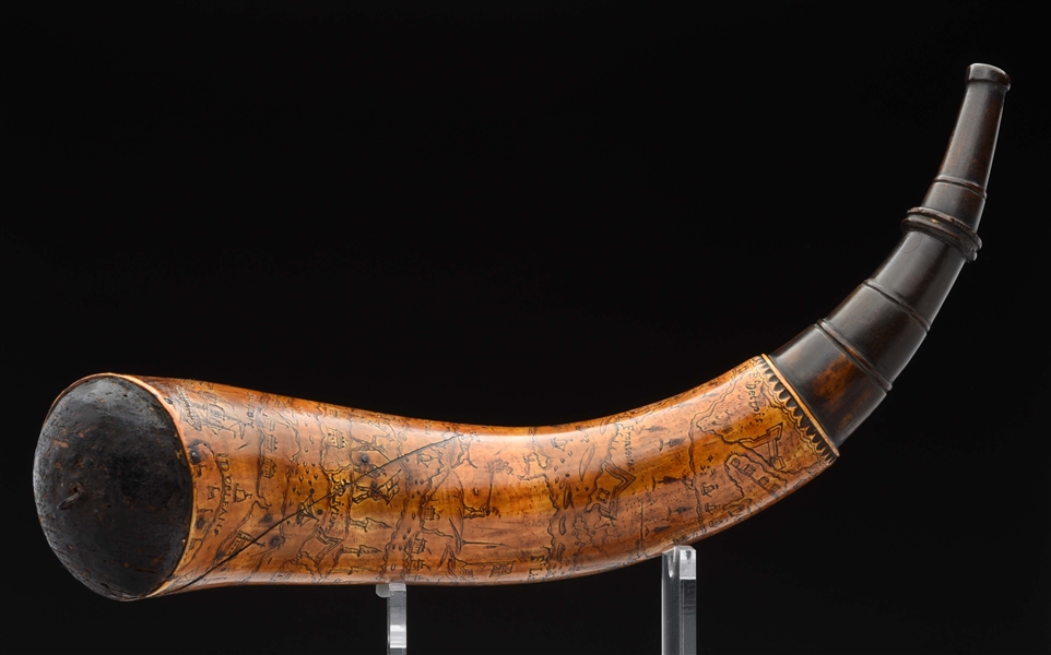 LARGE AND DETAILED FRENCH & INDIAN WAR ENGRAVED MAP POWDER HORN OF QUEBEC, LAKE ERIE AND ONTARIO, MASTER CARVER ATTRIBUTED.