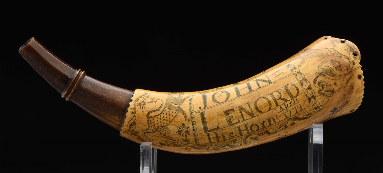 DIMINUTIVE POWDER HORN OF JOHN LENORD, DATED APRIL 1777 AND ATTRIBUTED TO JACOB GAY.