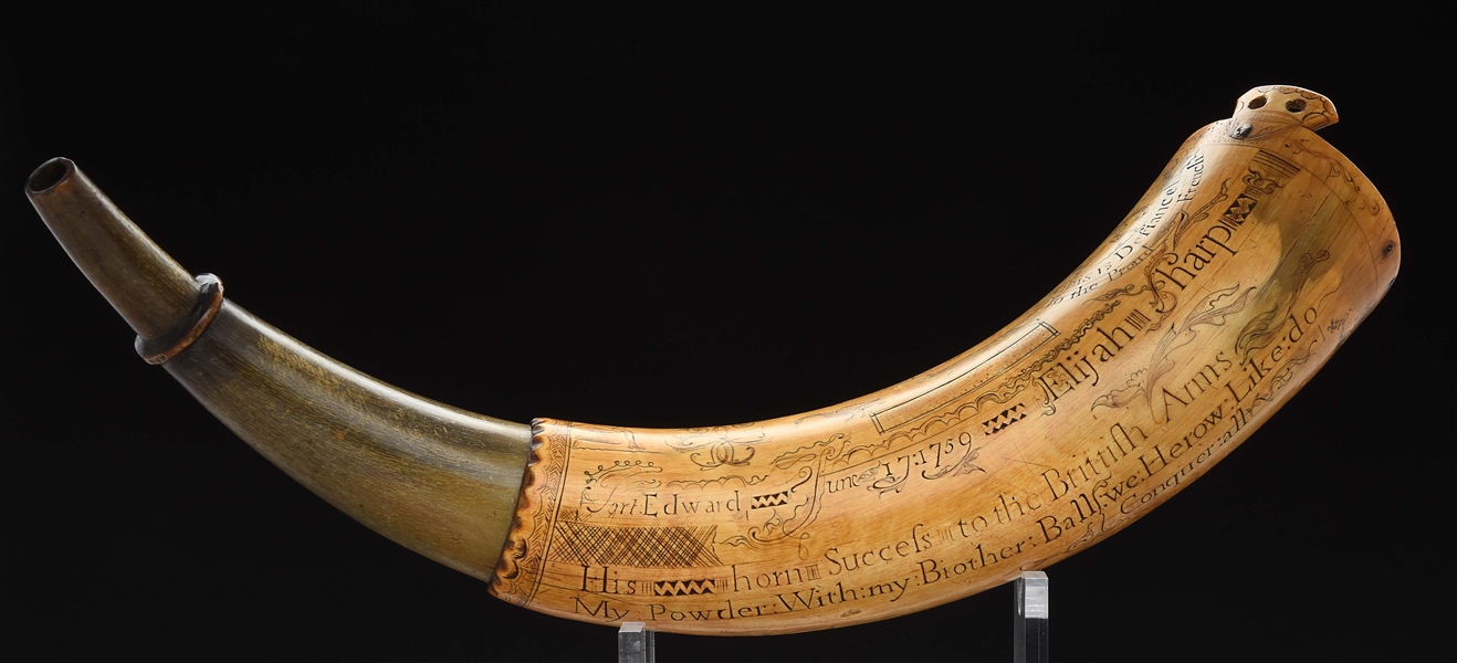 ENGRAVED POWDER HORN OF ELIJAH SHARP, DATED 1759, FORT EDWARD, "DEFIANCE TO THE PROUD FRENCH".
