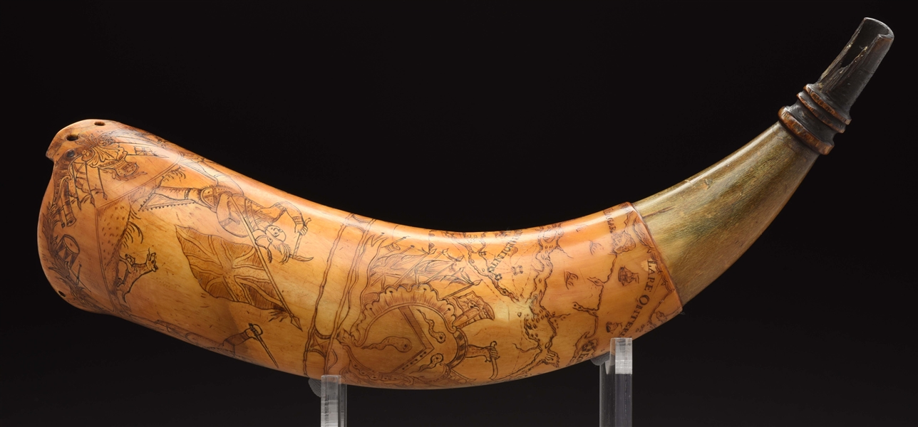 MASTER CARVER ATTRIBUTED ENGRAVED MAP POWDER HORN WITH BRITISH FLAGS, INDIANS, AND ARMS..