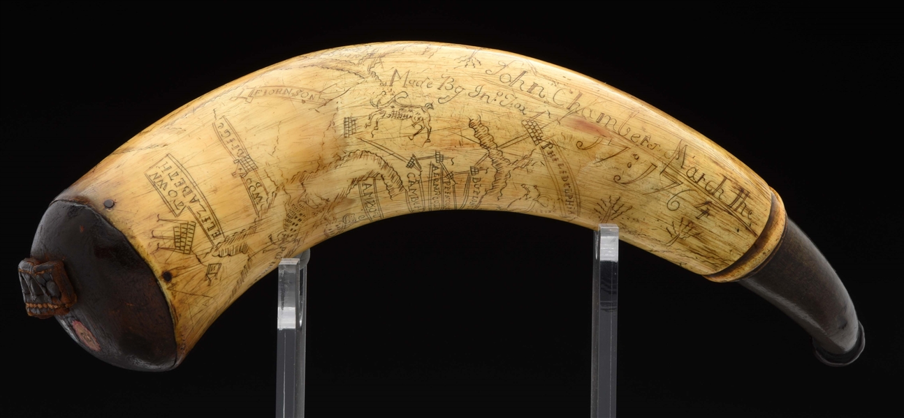 SIGNED JOHN FOX NEW YORK, NEW JERSEY AND PENNSYLVANIA MAP POWDER HORN OF JOHN CHAMBERS, DATED 1764.