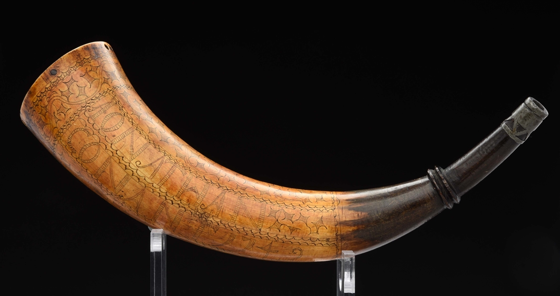 DOCUMENTED ENGRAVED POWDER HORN OF REVOLUTIONARY WAR JONATHAN CONANT, DATED 1749, ATTRIBUTED TO STEPHEN PARKS.