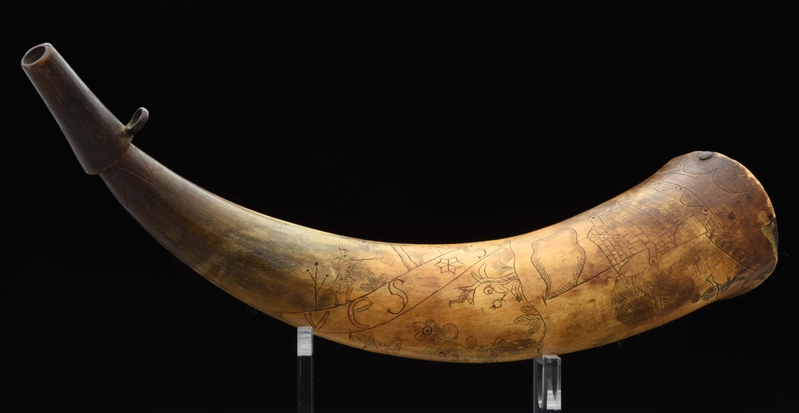 ENGRAVED POWDER HORN OF LUES SLIVER, DATED 1761 AND DECORATED WITH BATTLE AND CANNON FIRE.