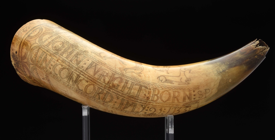 LARGE ENGRAVED POWDER HORN ATTRIBUTED TO MINUTEMAN JOHN WRIGHT, BORN IN CONCORD IN 1733 POWDER HORN, MADE APRIL 19, 1758, SIGNED "SP" FOR STEPHEN PARKS.