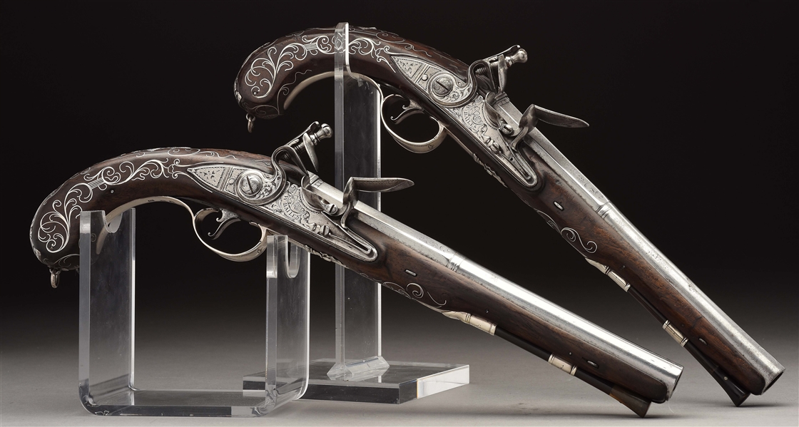 (A) ARCHIBALD MONTGOMERIES PAIR OF FINE ENGLISH SILVER MOUNTED FLINTLOCK PISTOLS WITH BELT HOOKS, BY BAILES, 1760.