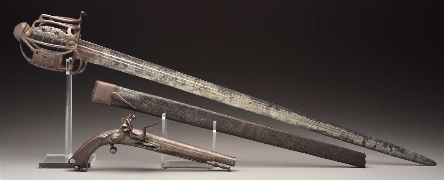 (A) IMPORTANT IDENTIFIED SCOTTISH FLINTLOCK PISTOL BY ALLEN & BASKET HILTED BACKSWORD, BOTH USED BY ENSIGN JAMES GRANT OF THE 77TH HIGHLANDERS.