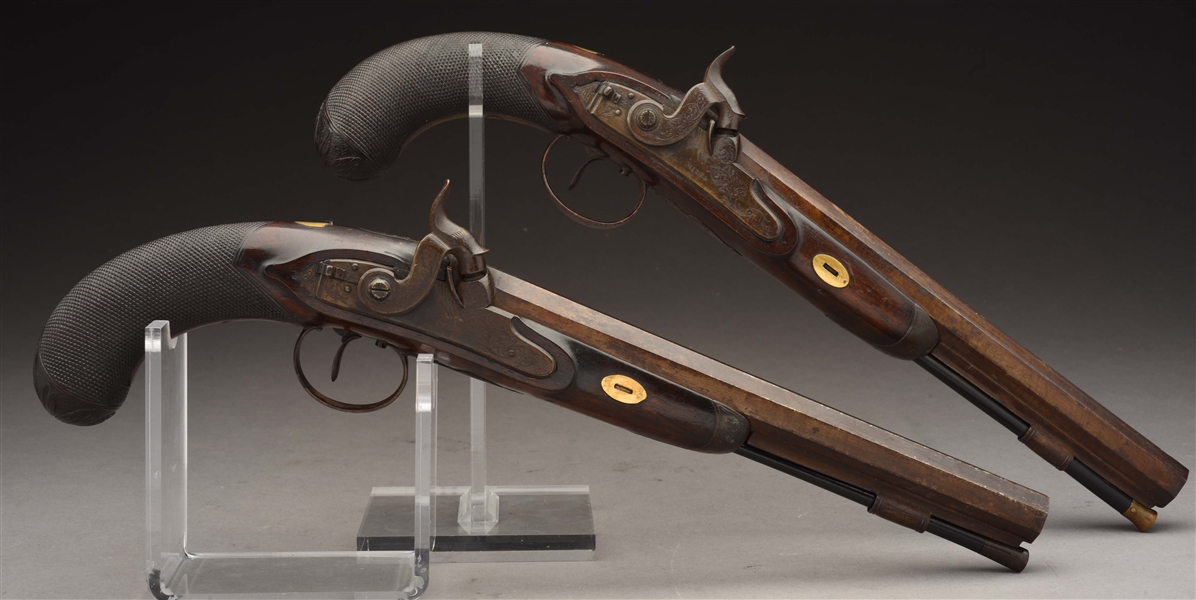 (A) PAIR OF GOLD MOUNTED OFFICERS PISTOLS BY MILES OF LONDON.