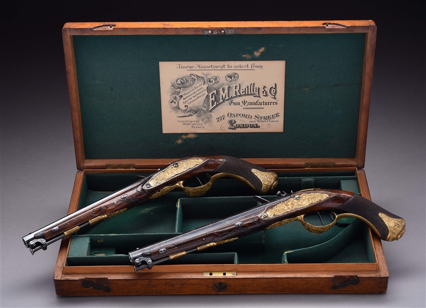 (A) CASED PAIR OF FLINTLOCK PISTOLS BY KUCHENREUTER USED BY GARY COOPER IN "UNCONQUERED".