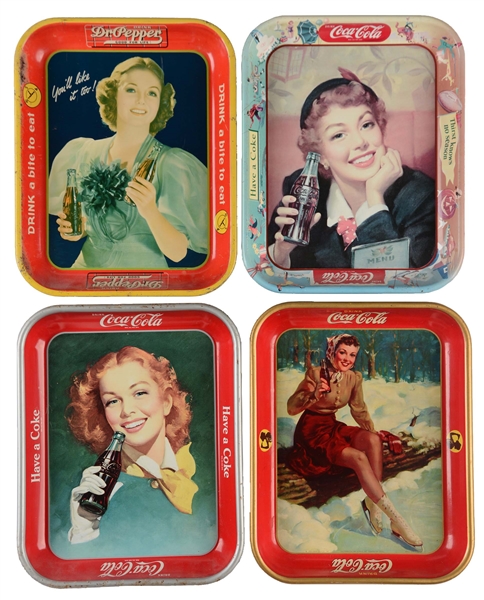 LOT OF 4: DR. PEPPER & COCA-COLA TIN TRAYS. 