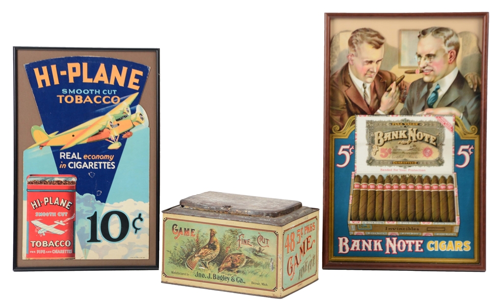 LOT OF 3: BANK NOTE, HI-PLANE SIGNS & GAME TOBACCO TIN. 