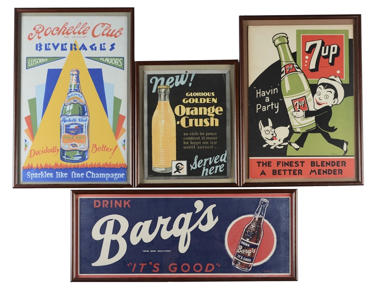 LOT OF 4: BARQS, ORANGE CRUSH, 7UP & ROCHELLE CLUB SIGNS. 