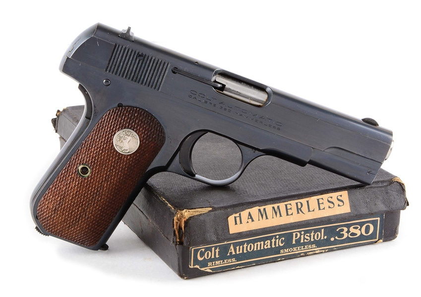 (C) COLT MODEL 1908 HAMMERLESS .380 PISTOL MADE IN 1937 WITH ORIGINAL BOX.