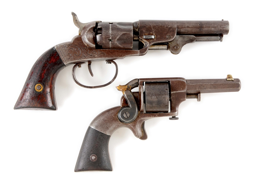 (A) LOT OF 2: 19TH CENTURY AMERICAN ANTIQUE SINGLE ACTION REVOLVERS.